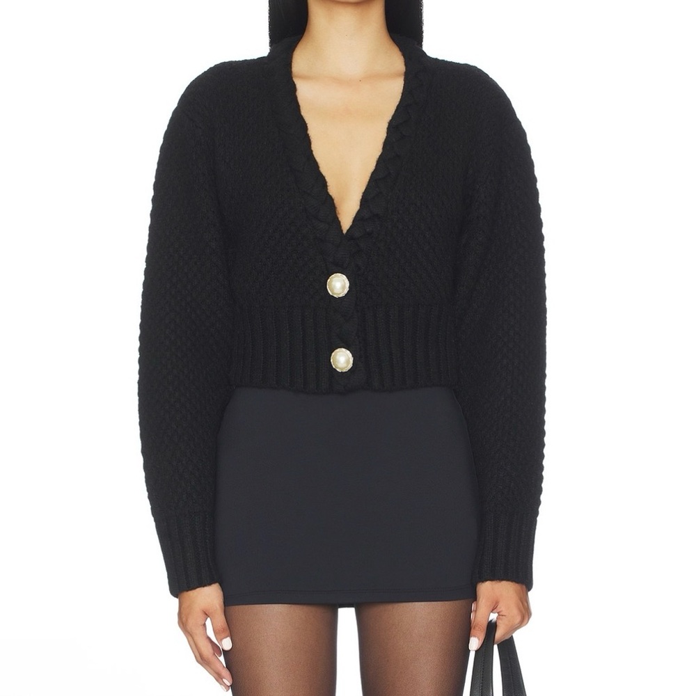 MAJORELLE Black Cropped V-Neck Knit Cardigan with Pearl Buttons